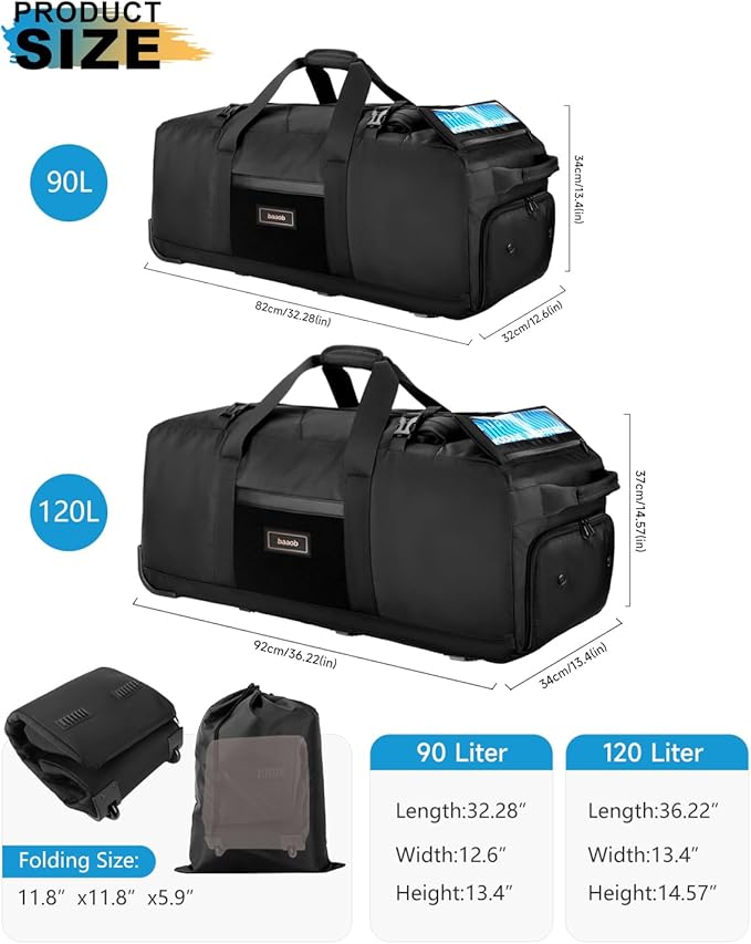 Foldable 120L Rolling Duffle Bag with Wheels | Extra Large Travel Duffle Bag with Shoes Compartment, Backpack Straps Gym Bag for Weekend & Overnight Trips, Camping, Moving | Includes 3 Packing Cubes - Image 5