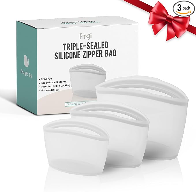 Reusable Silicone Food Storage Bags, 3-Pack Variety Set (2, 3.5, 6 Cups), Made in Korea BPA-Free Silicone, Triple-Airtight Freezer Bags, Microwave Safe, Sous Vide, Zip Lock Pouch, White by FIRGI-FirstGift