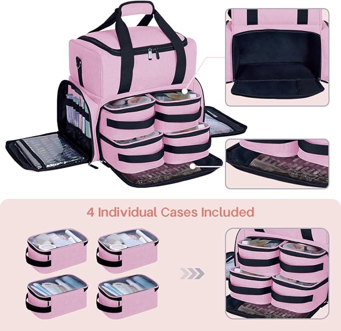 Large Makeup Bag Double Layer with 4 Removable Case,Pink | Large Makeup Bag with 4 Removable Case and 2 Removable Dividers Double Layer Travel Cosmetic Makeup Brushes Storage Section - Image 3