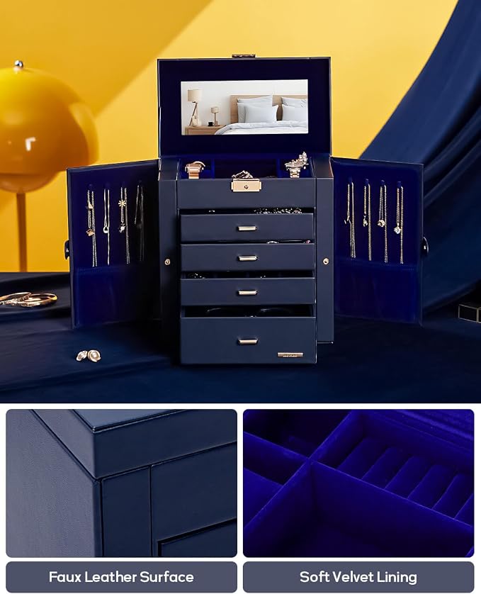 Homde Synthetic Leather Huge Jewelry Box Mirrored Watch Organizer Necklace Ring Earring Storage Lockable Gift Case (Dark Blue + Gold) - Image 6