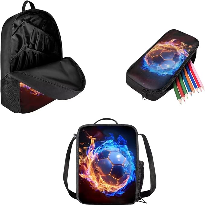 Mumeson 3 Piece Kids Backpack Elementary Preschool School Bag with Lunch Box Pencil Case Set for Boys Girls,Football Bookbag Large Capacity Travel Daypack Rucksack - Image 2