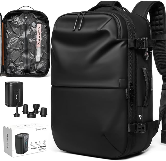 BlackVoyage Vortex Vacuum Seal Travel Backpack 60L Expandable Air Compression System Water Resistant TSA Lock Carry-On by BlackVoyage