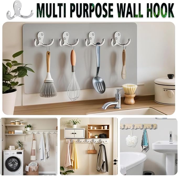 6 Pack Coat Hooks Wall Hooks for Hanging, Heavy Duty Double Prong Metal Hook Wall Mounted for Living Room, Bathroom, Kitchen, Bedroom for Coat, Bag, Scarf, Towel, Hat, Key, Cup (Silvery) - Image 2