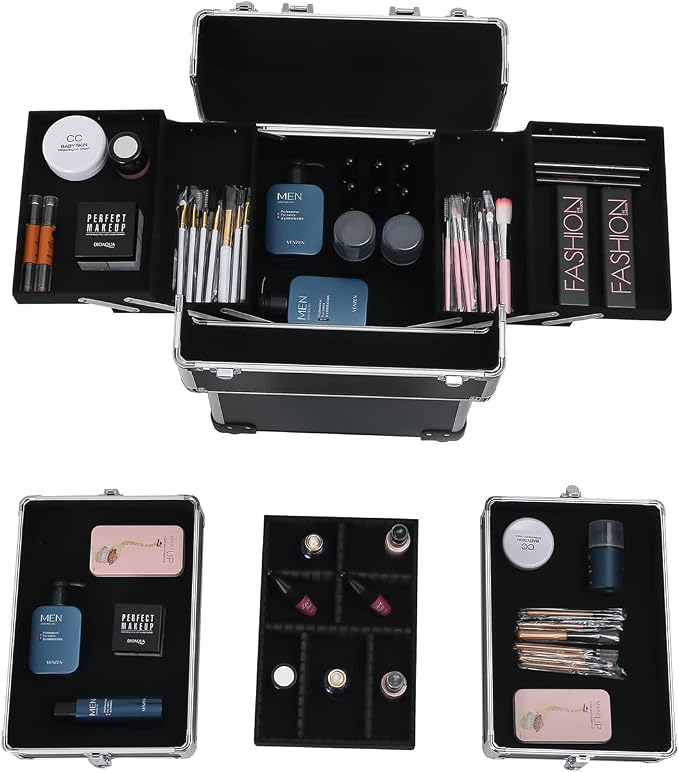 Karl home 4 in 1 Makeup Train Case Rolling Cosmetic Trolley Large Capacity Travel Organizer with Key 360°Swivel Wheels Suitcase for Beauticians Hairstylists Nail Tech Students, Black - Image 4