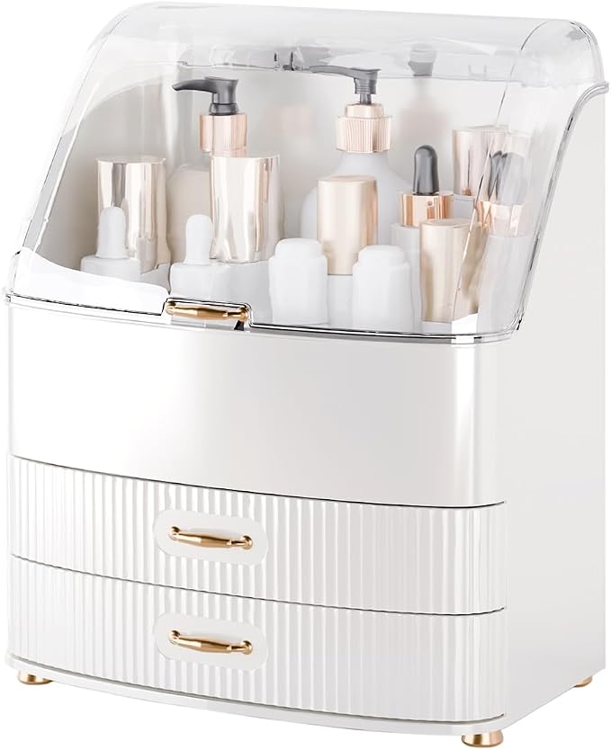 Makeup Organizer Countertop Vanity with Transparent Lid Drawers Waterproof Dustproof Cosmetic Skincare Bathroom Storage Gift for Women Teens Girls (White) by Unknown