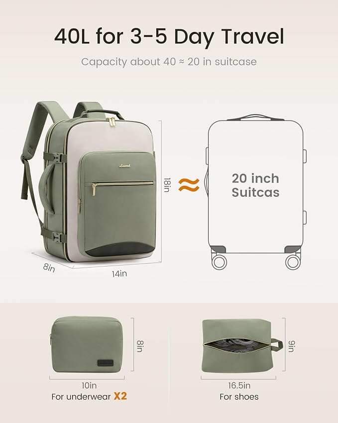 LOVEVOOK 40L Large Travel Backpack for Women, Carry on Backpack Airline Approved, Waterproof Travel Essentials fits 18" Laptop, TSA Personal Item Travels Bag Sports Backpack with 3 Packing Cubes - Image 4