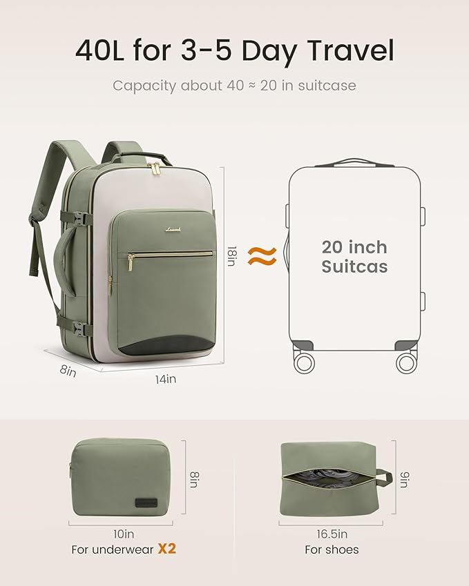 LOVEVOOK 40L Large Travel Backpack for Women, Carry on Backpack Airline Approved, Waterproof Travel Essentials fits 18" Laptop, TSA Personal Item Travels Bag Sports Backpack with 3 Packing Cubes - Image 4