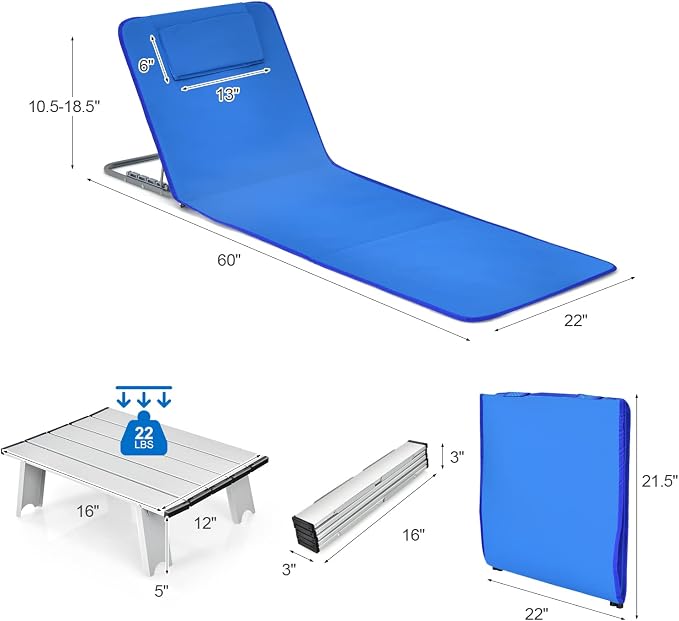 GYMAX Beach Chairs, Folding Tanning Lounge Chairs with Table Set, Adjustable Patio Floor Chair, Outdoor Sunbath Chair with Desk, Pillow & Storage Bag for Outside, Patio, Poolside (Blue) - Image 7