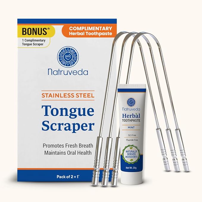 Tongue Scraper for Adults with Herbal Toothpaste, 100% Stainless Steel, Reduce Bad Breath, Tongue Scrubber, Easy to Use, Tongue Cleaner for Oral Care & Hygiene (Stainless Steel Tongue Scraper, 3 Pack)