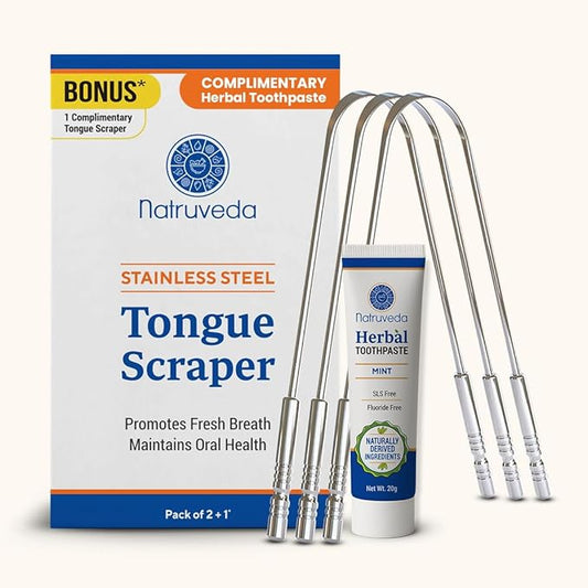 Tongue Scraper for Adults with Herbal Toothpaste, 100% Stainless Steel, Reduce Bad Breath, Tongue Scrubber, Easy to Use, Tongue Cleaner for Oral Care & Hygiene (Stainless Steel Tongue Scraper, 3 Pack)