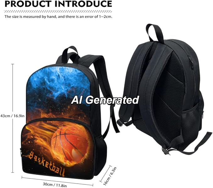 Basketball Bookbag for Boys 8-12 School Backpack 3 Pcs Set Kids School Bag with Lunch Tote Bags and Pencil Box Organizer Casual Daypack - Image 3