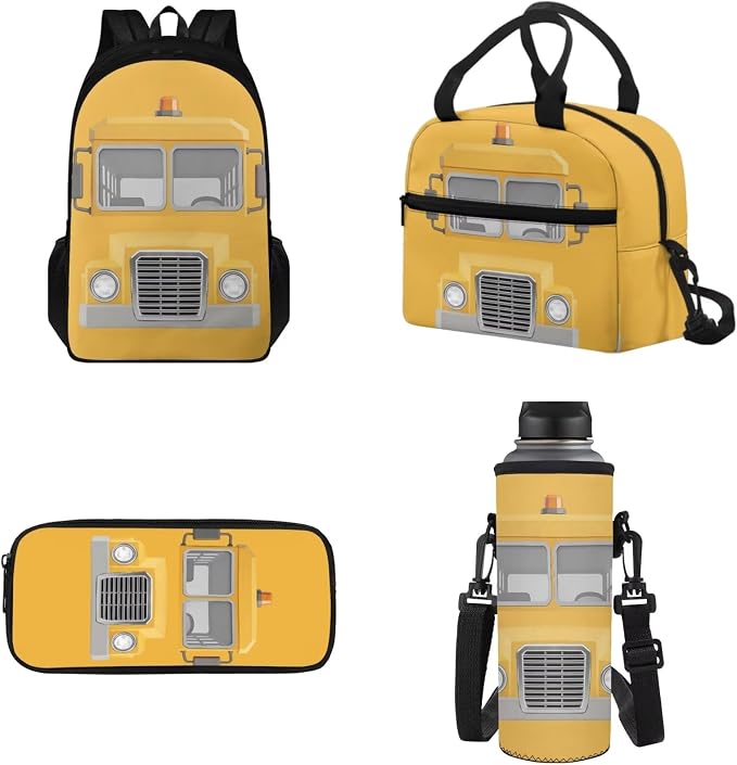 4 Piece School Bus Print Backpack Set for Kids, Boys Girls Large Double Zipper School Bag Book Bag with Leakproof Lunch Box Pencil Bag Water Bottle Carrier for School and Daycare by Tomeusey
