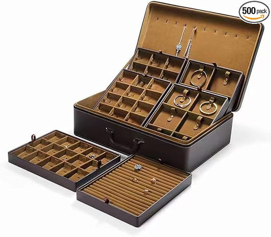 Jewelry Trays stacks Carriable with Handle Zipper Box Organizer Faux-Leather Accessory Case Storage(L6 Layers) by JewelryStorage