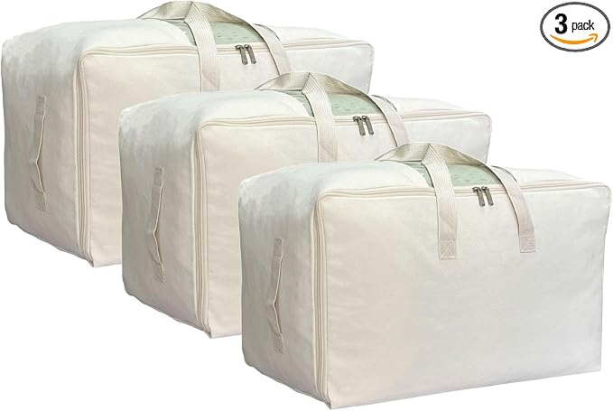 DoYiKe Soft Large Canvas Comforter Storage Bags with Four Carrying Handles and Clear Window, Closet Organizer for Clothing, Blankets Sheets Pillows and Bedding, 80L, 3 Pack, Beige by DoYiKe