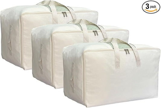DoYiKe Soft Large Canvas Comforter Storage Bags with Four Carrying Handles and Clear Window, Closet Organizer for Clothing, Blankets Sheets Pillows and Bedding, 80L, 3 Pack, Beige by DoYiKe