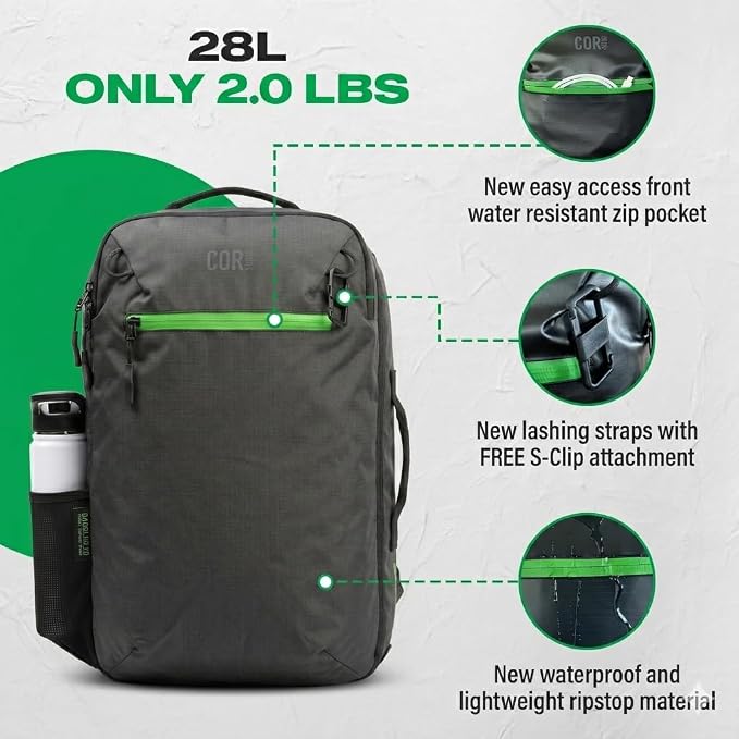COR Surf Carry On Travel Backpack Bundle | Island Hopper Travel Backpack with Toiletry Bag and Compression Packing Cube Set (28L 2.0, Black with Green Zipper) - Image 3
