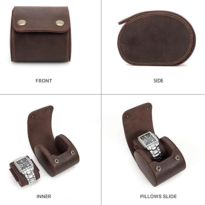 Leather Single Watch Case,Genuine Leather Vintage Watch Roll Travel Case for Storage Organizer Display (1 Slot) - Image 3