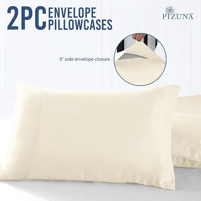 Pizuna 100% Cotton Pillow Cases King Size Set of 2 Luxury 1000 Thread Count Sateen Weave Long Staple Cotton Hotel Quality Envelope Closure Pillow Covers Fits King Pillows - Ivory - Image 3
