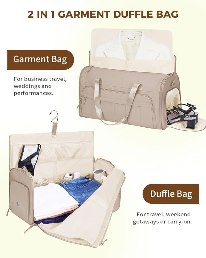 WANDF Convertible Garment Bags for Travel with Wet Pocket Carry on Garment Duffle Bag 2 in 1 Puffy Hanging Clothes Travel Bags with Shoe Compartment for Airplanes Business Weekend Gym Wedding (Khaki) - Image 4