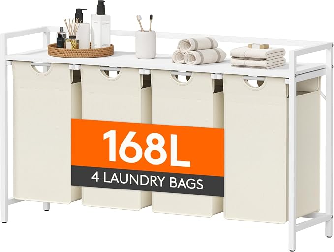 Lifewit Laundry Hamper 4 Section, 168L Pull out Laundry Clothes Basket Organizer with Large Top Shelf and 4 Removable Bags and Handles for Laundry Room Bedroom Bathroom, White with A Shelf by Lifewit