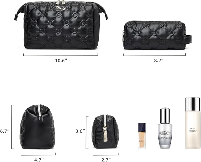 BOYATU Travel Makeup Bag Cosmetic Pouch: 2 Pcs Set Waterproof Vegan Leather Cosmetic Bags for Women - Cute Quilted Skincare Make up Toiletry Bag for Girl (02-Black) - Image 6