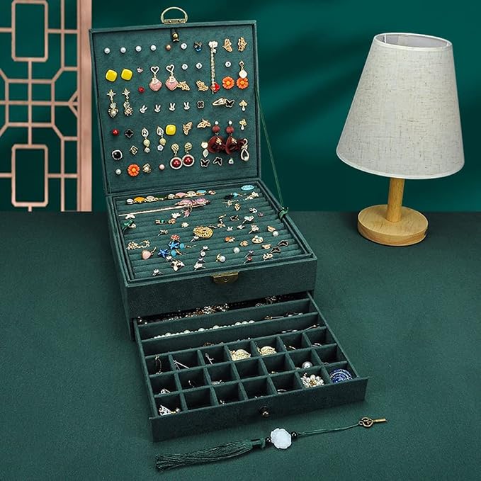 Jewelry Organizer 5 Layers Velvet Square Jewelry Box Women Necklace Ear studs Display Bangles Large Jewelry Storage Case Drawer GY306 (Green) - Image 6