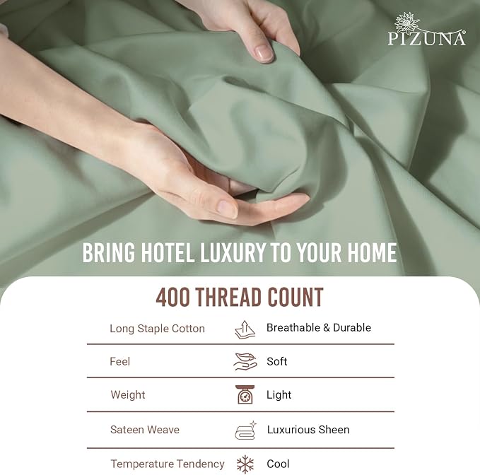 Pizuna Pure 100% Long-Staple Cotton Duvet Cover + Sheet Set King, Luxurious 400 Thread Count Long Staple Cotton, Soft Sateen Weave Bedding Set (Sage) - Image 5