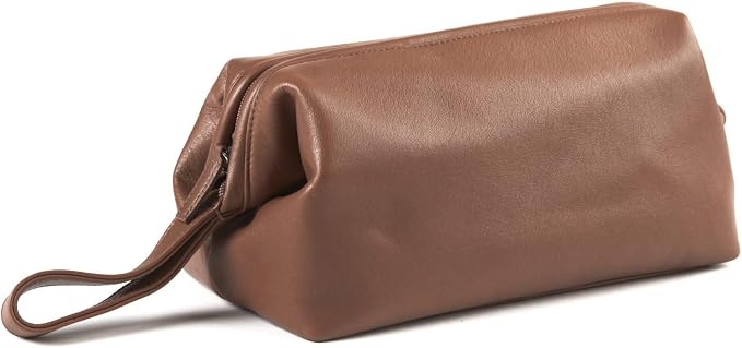 Leatherology Cognac Framed Toiletry Bag – Full Grain Leather Dopp Kit for Men with Wide-Mouth Opening, Interior & Exterior Zippered Pockets, Water-Resistant Lining - Image 3