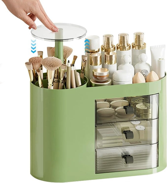 DASITON Makeup Organizer with 3 Drawers,Automatic Lifting Makeup Brush Holder with Lid,Large Capacity Makeup Organizers for Vanity,Bathroom Countertop,Ideal Storage Skin Care,Brushes,Lipstick (Green) by DASITON