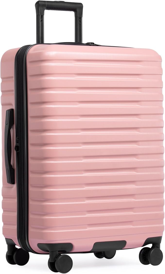 U.S. Traveler Boren Expandable Hardside Rugged Travel Luggage with 8 Spinner Wheels, Rose Pink, Checked-Medium 26-Inch by USTraveler