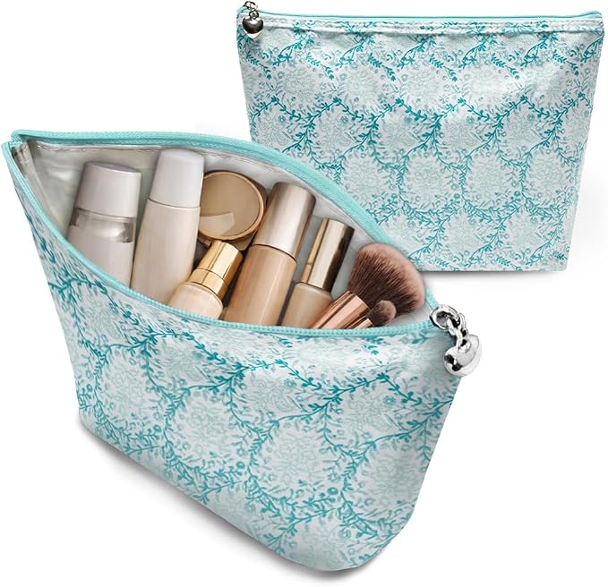 Jacaranda Living Medium Cosmetic Bag – Waterproof PVC-Lined Cosmetic & Toiletry Organizer, Zipper Pouch for Skincare, Makeup & Accessories, Aqua Trellis by JacarandaLiving