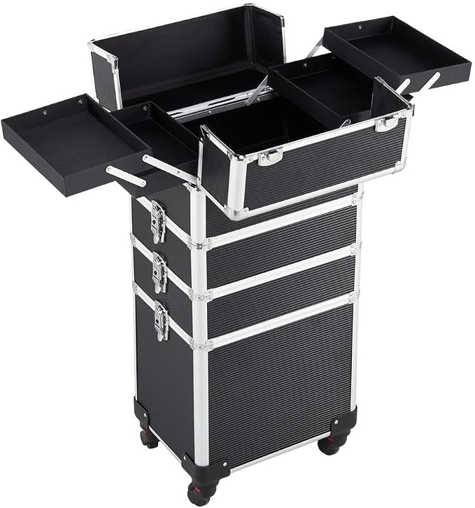Topeakmart 4-in-1 Cosmetology Case on Wheels Lockable Makeup Trolley Black | Reinforced with aluminum trim and steel corners, this rolling makeup train case organizes and locks supplies anywhere by Topeakmart