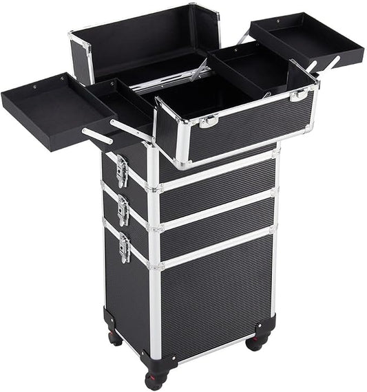 Topeakmart 4-in-1 Cosmetology Case on Wheels Lockable Makeup Trolley Black | Reinforced with aluminum trim and steel corners, this rolling makeup train case organizes and locks supplies anywhere by Topeakmart