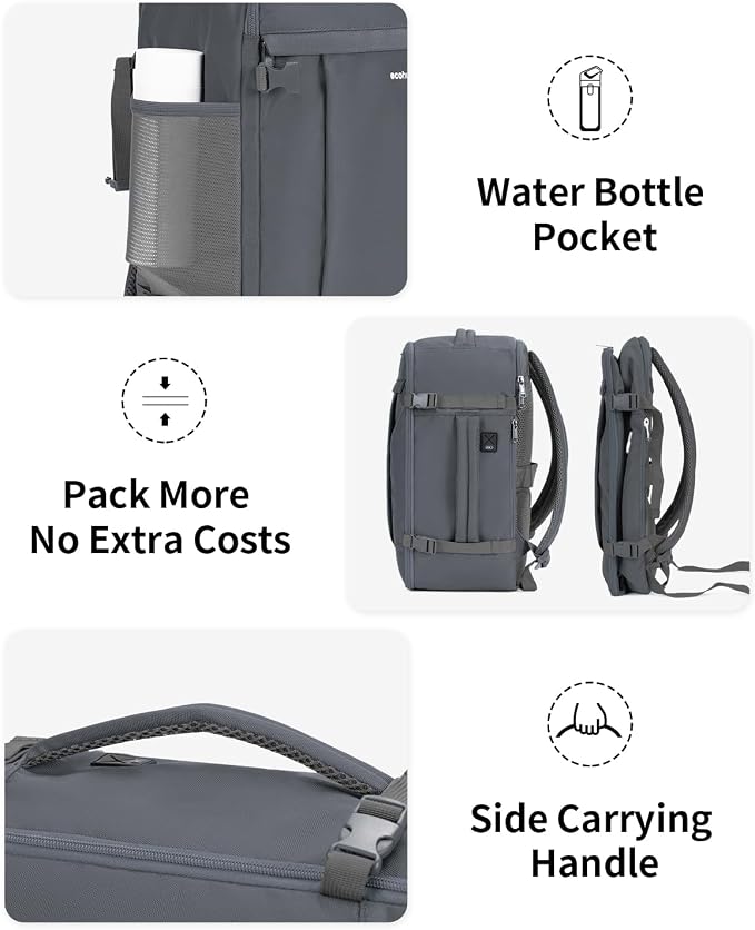 ECOHUB Travel Backpack for Men Women, Carry on Backpack with USB Charging Hole, Spirit Airlines Personal Item Bag Flight Approved, 15.6 Inch Laptop Backpack with Anti Theft Pockets, 30L, Grey - Image 6