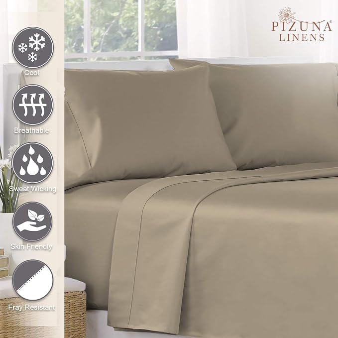 Pizuna Pure 100% Cotton Flat Sheets Only Twin XL Simply Taupe (1 PC), Luxurious 400 Thread Count Long Staple Cotton Sateen with 4inch Hem (Combed Twin XL Flat Sheet Only Cotton) - Image 2