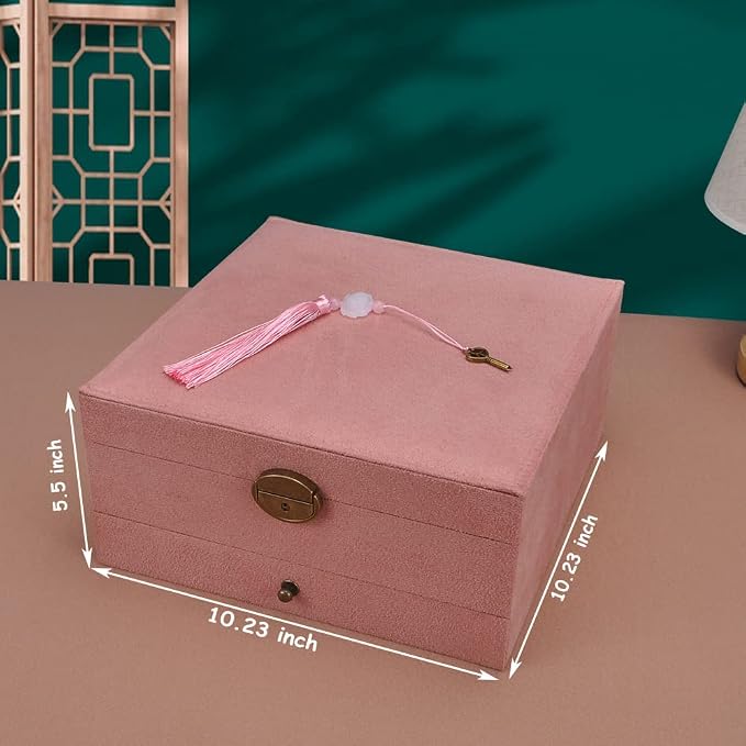 Jewelry Organizer 5 Layers Velvet Square Jewelry Box Women Necklace Ear studs Display Bangles Large Jewelry Storage Case Drawer GY306 (Pink) - Image 2