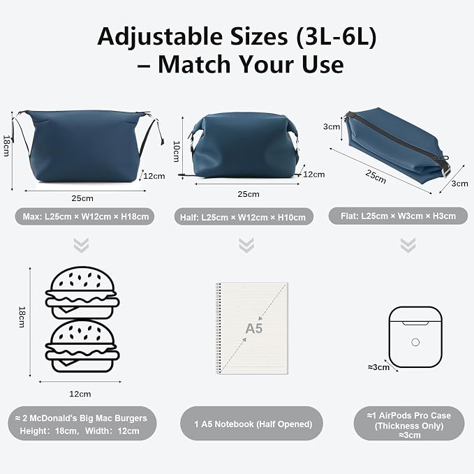 Vomgomfom 6L 13 Inch Silicone Toiletry Bag, Waterproof Leakproof Travel Cosmetic Organizer, Adjustable G-Buckle Compression Dopp Kit, Foldable Makeup Bag for Women & Men (Navy, 13" 6L) - Image 5