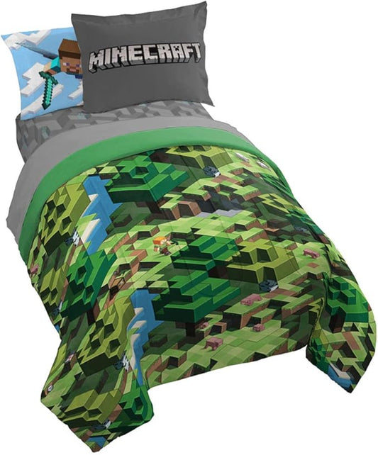 Minecraft Creeper Full Size Comforter Set 7 Piece Kids Bedding, Green | Video Gaming, Bed in a Bag, Comforter Sheets Shams Pillowcases, Official Product, Microfiber, Machine Washable, Boys Gift by JayFranco
