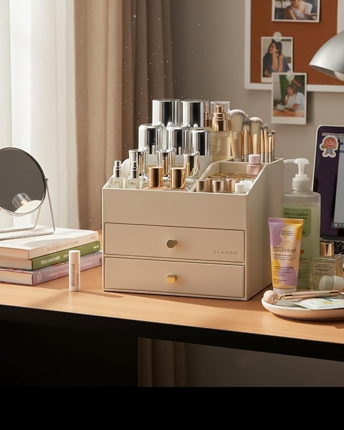 VLANDO Makeup Organizer for Vanity,Large Capacity Bathroom Counter Organizer with Drawers,PU Leather Skin Care Storage for Lipstick,Brushes,Perfumes (Beige) - Image 8