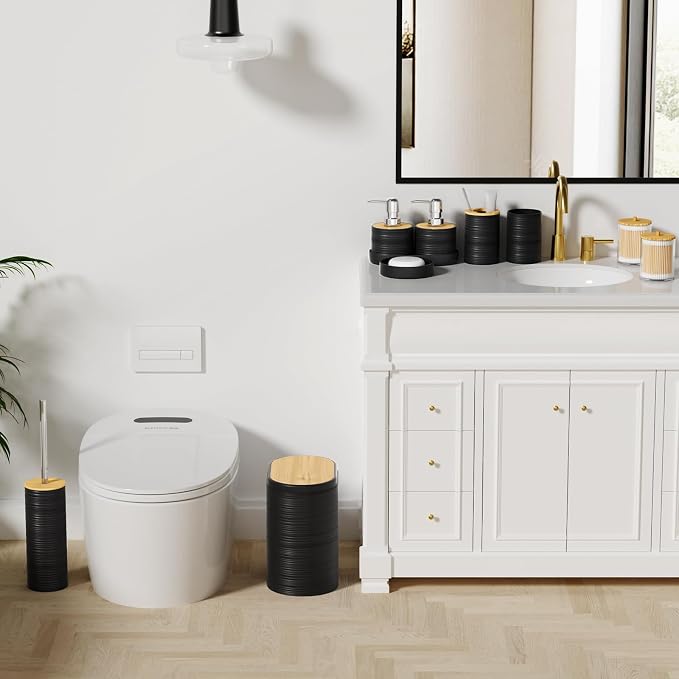 XLHOMO Black Bathroom Set - 10PC Bathroom Accessories Set, Luxury Bathroom Accessory Set with Trash Can,Toilet Brush & 2 PC Soap Dispensers for Apartment Decor and Housewarming - Image 2