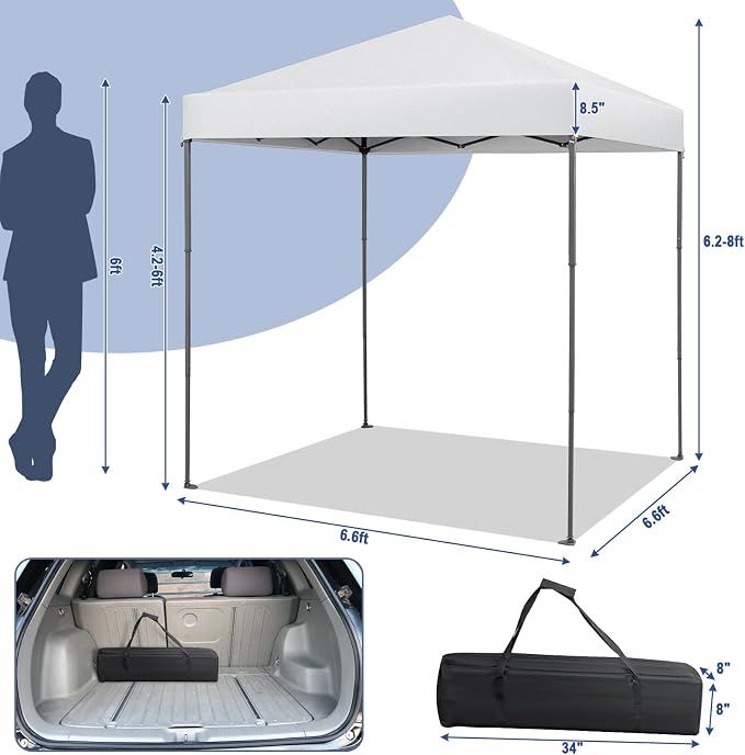 6.6 x 6.6 Ft Pop Up Canopy, 1 Person Instant Setup Canopy Tent with Push Center Lock, 8 Stakes, 4 Ropes & Carrying Bag, Portable Easy Up Gazebo Shelter for Outdoor Camp, Beach, Patio & Party - Image 7