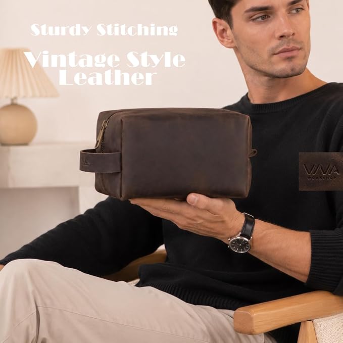 Mens Leather Toiletry Bag – Dopp Kit Handmade in USA – Full Grain Leather Organizer Bag with Waterproof Lining for Travel, Toiletries, Shaving Kit – Gifts for Men, Husband, Dad, Boyfriend - Image 4
