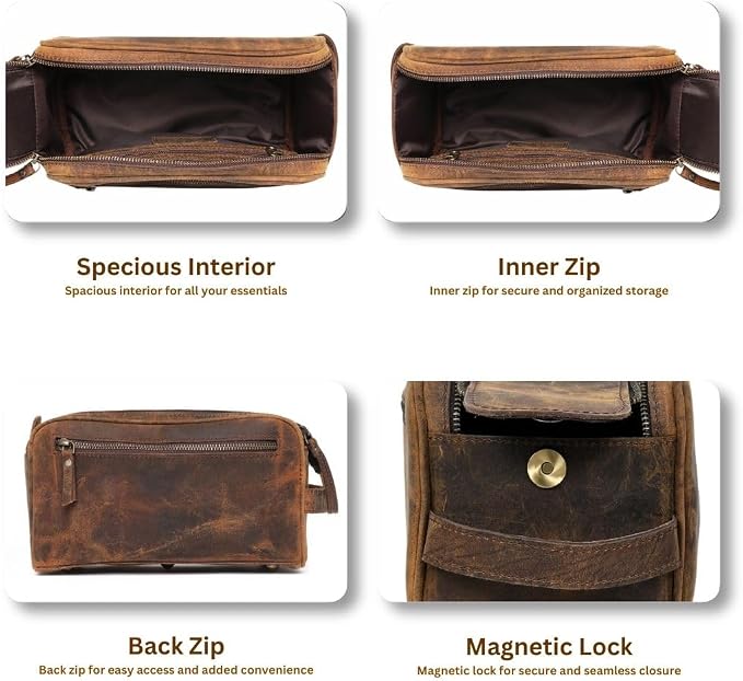 Toiletry Bag for Men – Genuine Leather Dopp Kit, Travel Organizer for Grooming Essentials, Large Shaving Kit Pouch, Durable Distressed Brown Gift for Men - Image 7