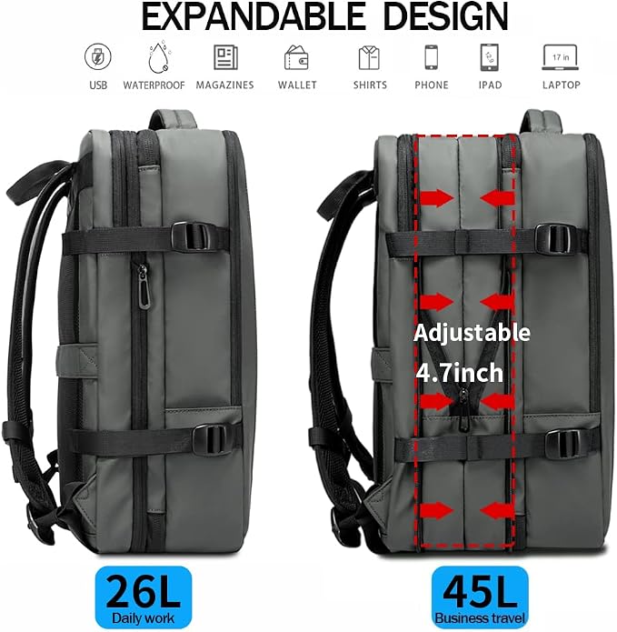 BANGE 45L Carry-on Backpack, Expandable Travel Backpacks for Airplanes,Convertible Weekend Backpack Briefcase for Traveling,Water Resistant College 17.3” Laptop Backpack for Men & Women - Image 4