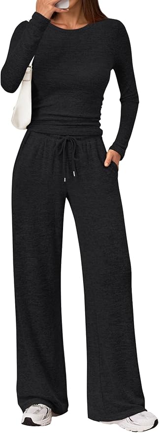 LILLUSORY Womens 2 Piece Matching Lounge Sets 2026 Fall Fashion Outfits | Long Sleeve Top & Drawstring Wide Leg Pants with Pockets, Workout Gym Comfort Sweat Suit, Travel Airport Vacation Clothing by Lillusory