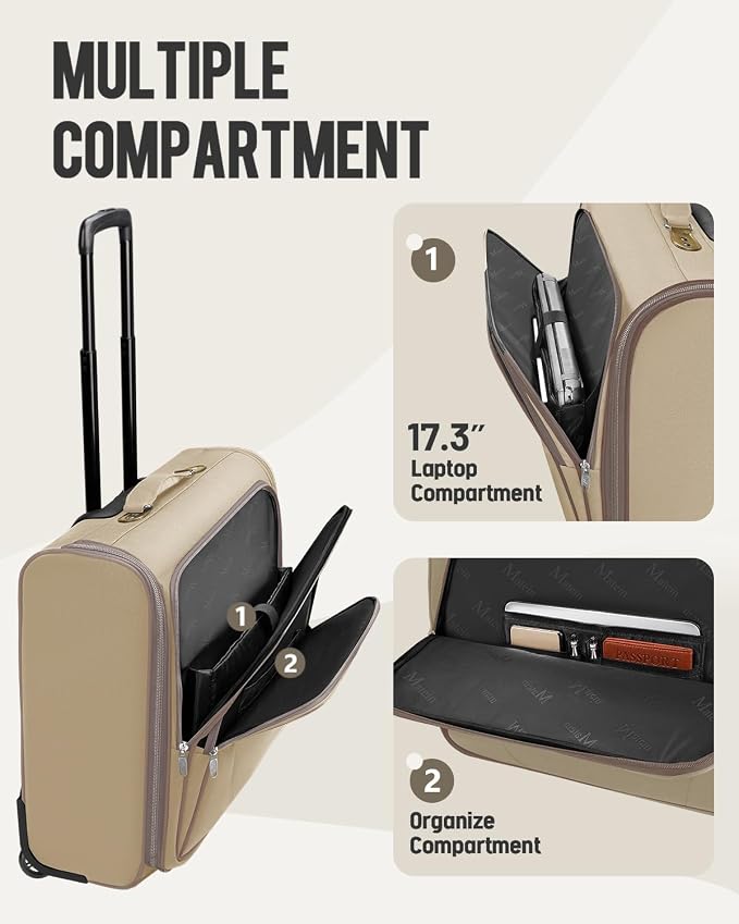MATEIN Garment Bag with Wheels For Women, Large Wheeled Garment Bag, Khaki | For Hanging Clothes, 2 Packing Cubes, Softside, Foldable Travel Suit Carrier, Business Suitcase Luggage, Fits 17" Laptop - Image 3