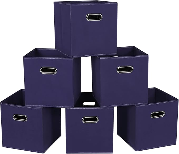Fabric Cloth Storage Bins,Fabric Cube Bins Organizer with Dual Handles Foldable Cube Storage Baskets for Home Bedroom Storage,Set of 6,(Navy Blue) by SEVENDOME