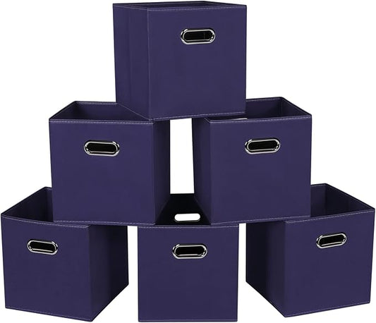 Fabric Cloth Storage Bins,Fabric Cube Bins Organizer with Dual Handles Foldable Cube Storage Baskets for Home Bedroom Storage,Set of 6,(Navy Blue) by SEVENDOME