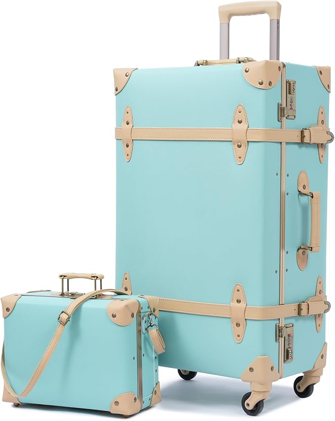 urecity 20" Mint Green Vintage Luggage Set 2 Piece, Aluminum Frame Retro Carry On Suitcase with Cosmetic Case, Vegan Leather Spinner Trunk for Women (Clear Cover Included) by urecity