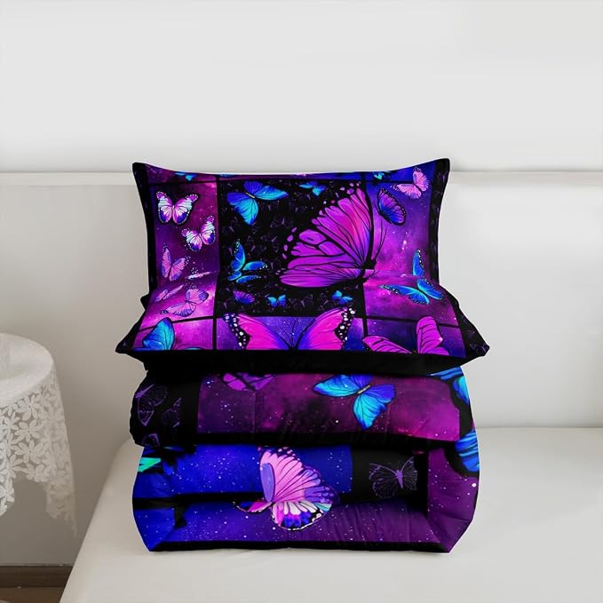Erosebridal Butterfly Comforter Set Starry Sky Galaxy Comforter Blue Purple Butterfly Bedding Sets King for Kids Girls Teens Women Bed,Aesthetics Butterflies Quilt Duvet Set 2 Pillow Cases Room Decor - Image 7